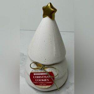Kirkland’s Candle Christmas Cookie 4oz White Tree Ceramic Container Gold Star
